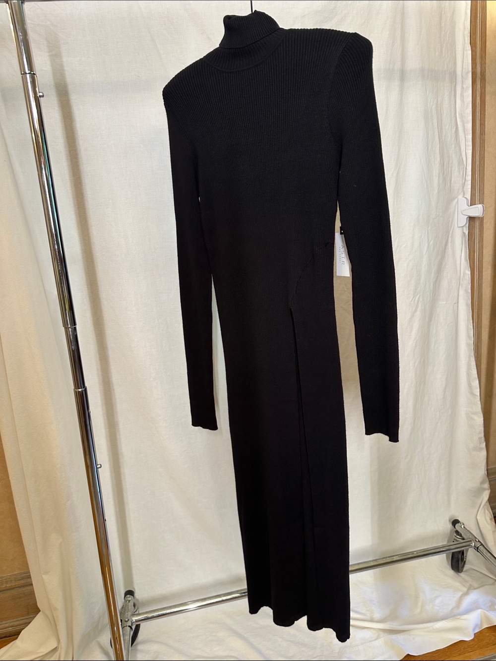 Astr Black Long Sleeve Turtleneck Ribbed Midi Dress with Side Slit